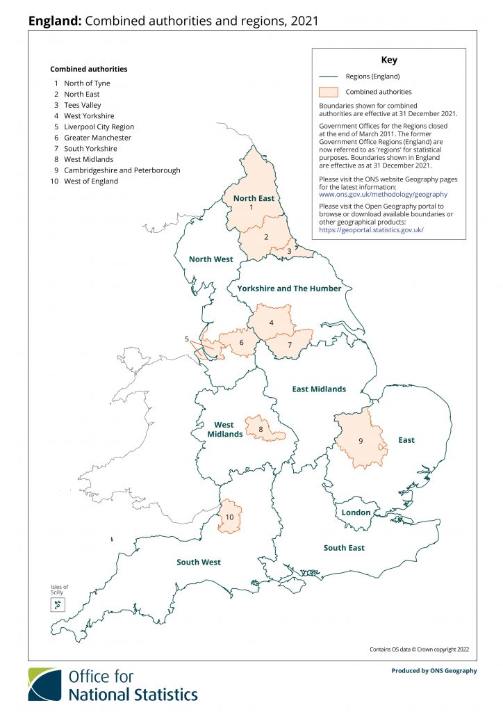 Map of the 10 Combined Authorities in England with English regions also marked.