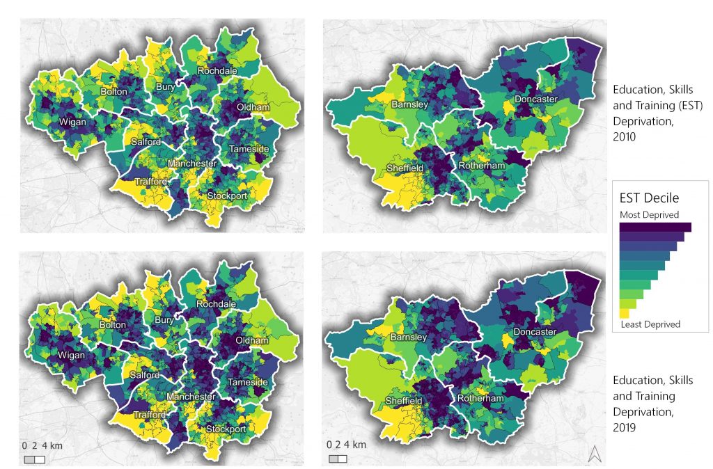 Education, Training and Skills Deprivation in Greater Manchester and South Yorkshire in 2010 and in 2019 using Most Deprived to Least Deprived deciles.