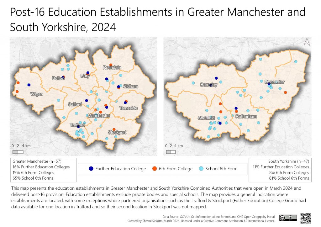 Maps of post-16 education establishments, including Further Education Colleges, 6th Form Colleges and School 6th Forms within both South Yorkshire and Greater Manchester.