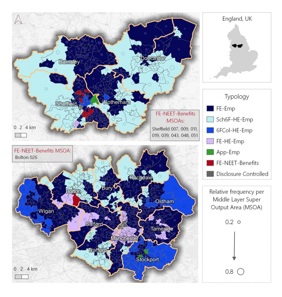 Maps of South Yorkshire and Greater Manchester where Middle Layer Super Output Areas are coloured by the most prevalent school-to-work typology, with relative frequency indicated