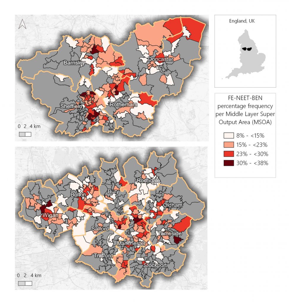 Maps of South Yorkshire and Greater Manchester which display the Middle Layer Super Output Areas which had the FE-NEET-Benefits typology present, with relative frequency indicated